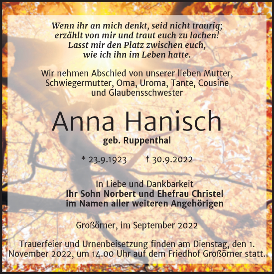 Traueranzeige von Anna Hanisch von Trauerkombi Mansfelder Land