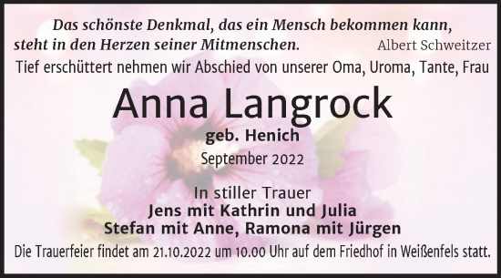 Traueranzeige von Anna Langrock von Trauerkombi Weißenfels