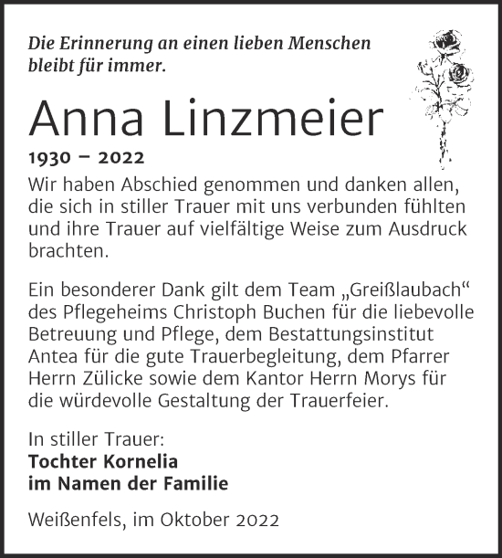 Traueranzeige von Anna Linzmeier von Trauerkombi Weißenfels