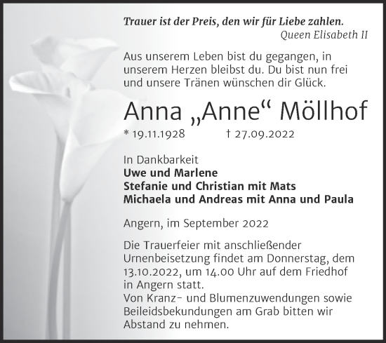 Traueranzeige von Anna Möllhof von Mitteldeutsche Zeitung Köthen