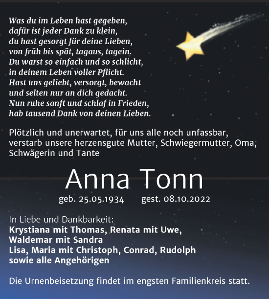 Traueranzeige von Anna Tonn von Trauerkombi Bitterfeld