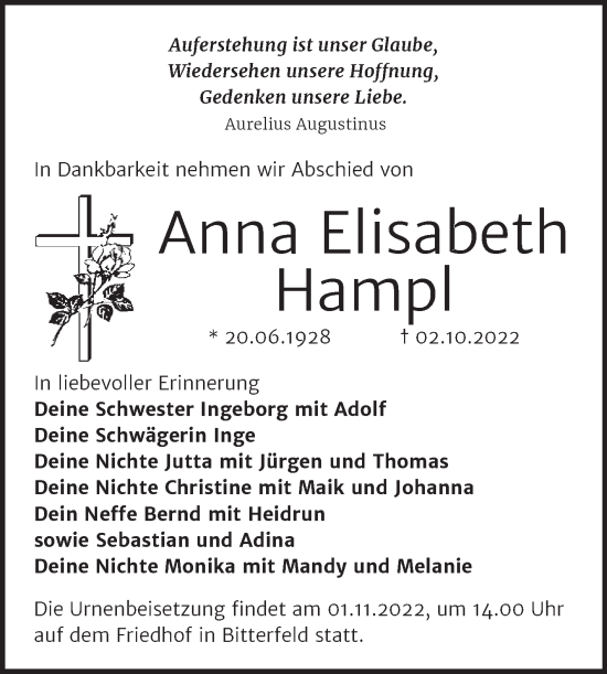 Traueranzeige von Anna Elisabeth Hampl von Trauerkombi Bitterfeld