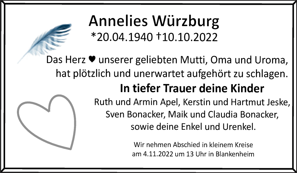  Traueranzeige für Annelies Würzburg vom 22.10.2022 aus Trauerkombi Sangerhausen