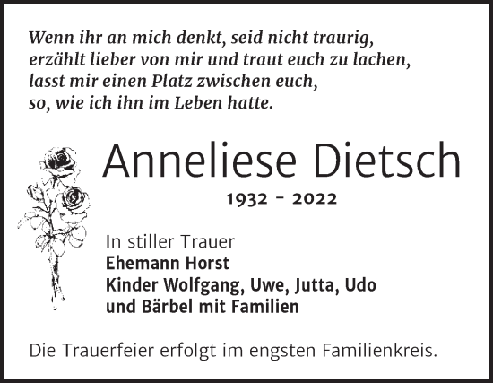 Traueranzeige von Anneliese Dietsch von Trauerkombi Bernburg