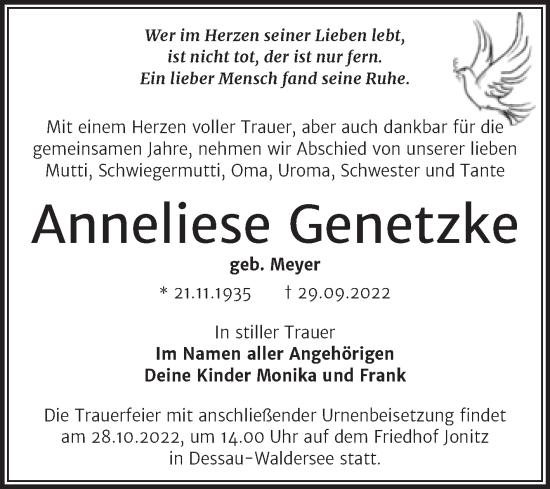 Traueranzeige von Anneliese Genetzke von Trauerkombi Dessau