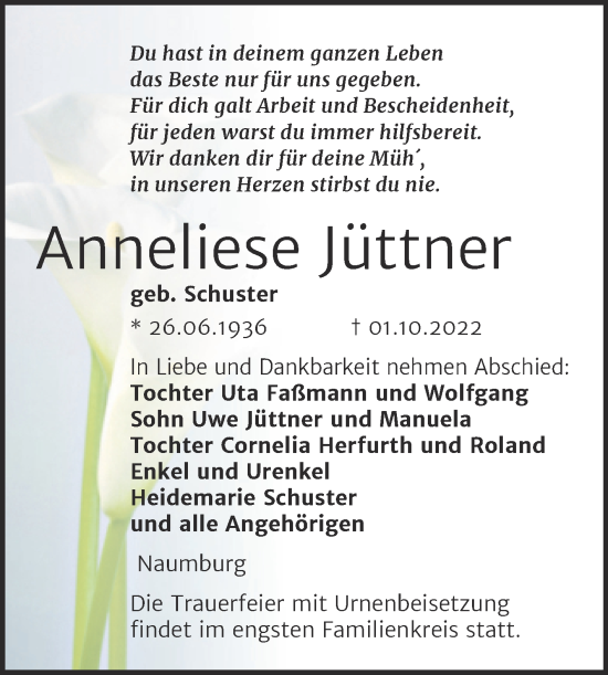 Traueranzeige von Anneliese Jüttner von Naumburger Tageblatt