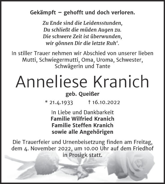 Traueranzeige von Anneliese Kranich von Trauerkombi Köthen