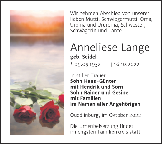 Traueranzeige von Anneliese Lange von Trauerkombi Quedlinburg