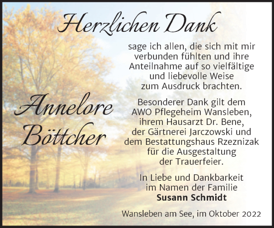 Traueranzeige von Annelore Böttcher von Trauerkombi Mansfelder Land