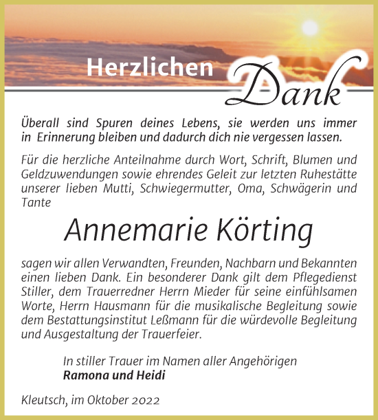 Traueranzeige von Annemarie Körting von Trauerkombi Dessau