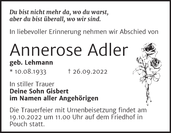 Traueranzeige von Annerose Adler von Trauerkombi Bitterfeld