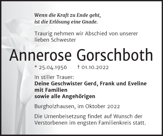 Traueranzeige von Annerose Gorschboth von Wochenspiegel Naumburg/Nebra
