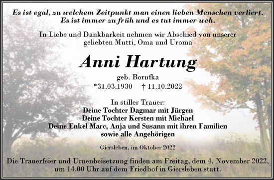 Traueranzeige von Anni Hartung von Trauerkombi Aschersleben