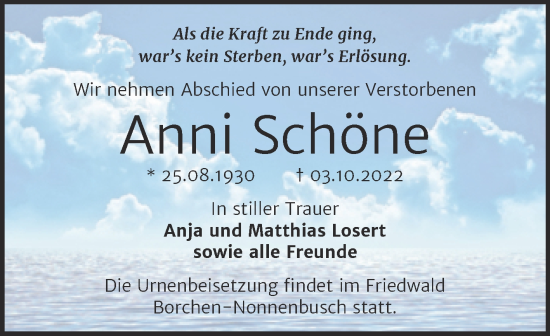 Traueranzeige von Anni Schöne von Trauerkombi Bernburg
