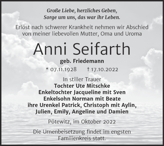 Traueranzeige von Anni Seifarth von Trauerkombi Zeitz