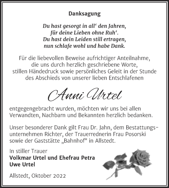 Traueranzeige von Anni Urtel von Trauerkombi Sangerhausen
