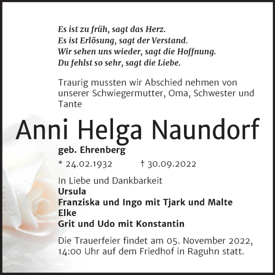 Traueranzeige von Anni Helga Naundorf von Trauerkombi Bitterfeld