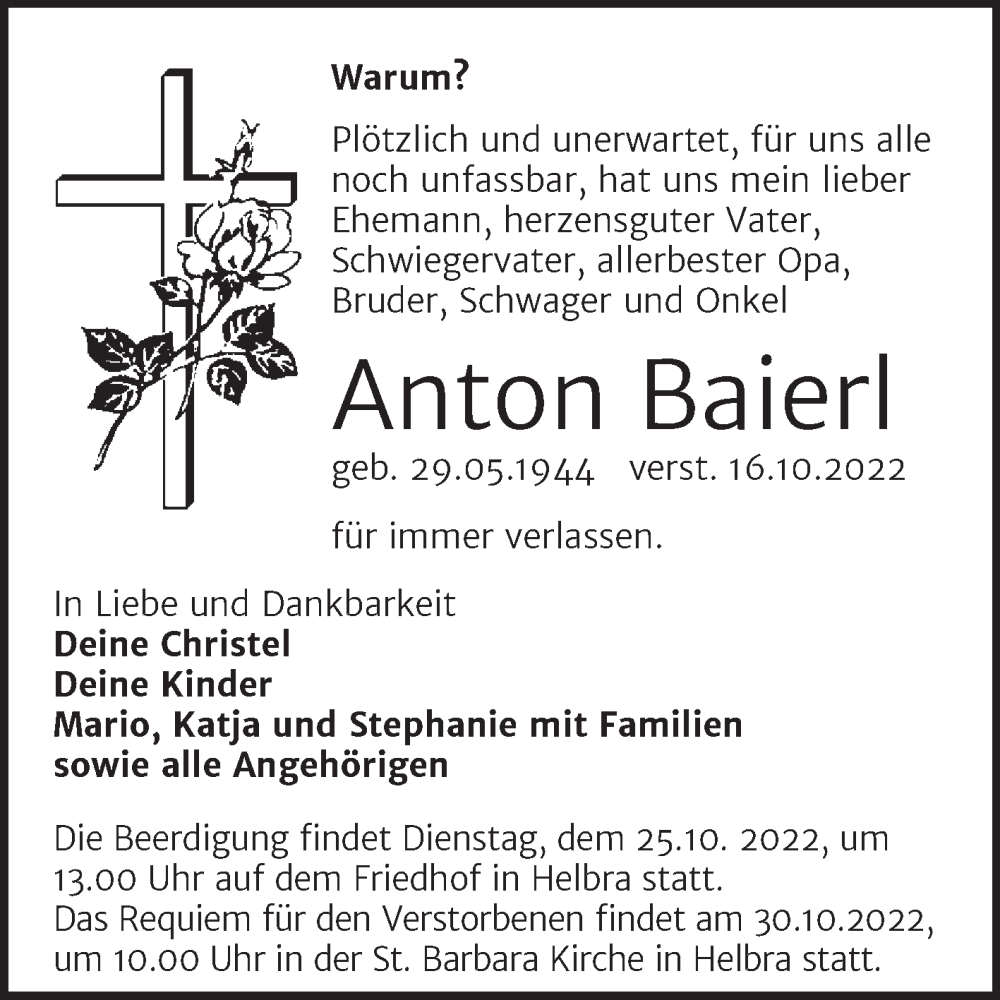  Traueranzeige für Anon Baierl vom 22.10.2022 aus Mitteldeutsche Zeitung Mansfelder Land