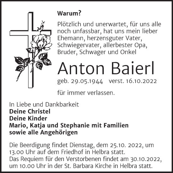 Traueranzeige von Anon Baierl von Mitteldeutsche Zeitung Mansfelder Land