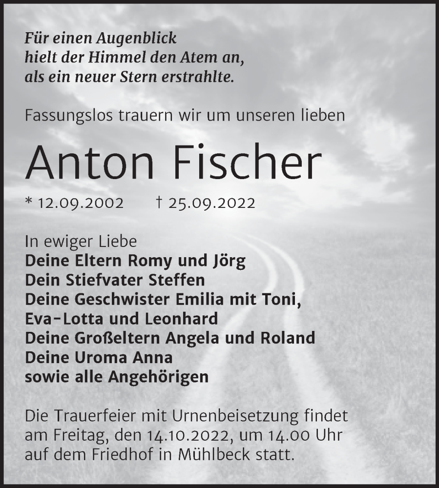  Traueranzeige für Anton Fischer vom 01.10.2022 aus Trauerkombi Bitterfeld