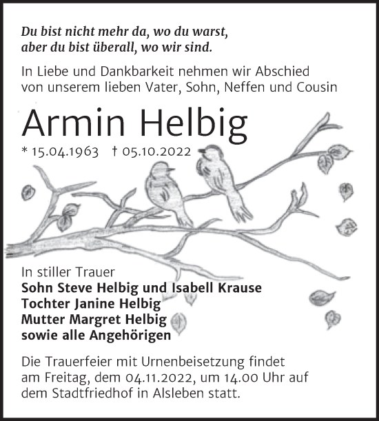 Traueranzeige von Armin Helbig von Trauerkombi Bernburg