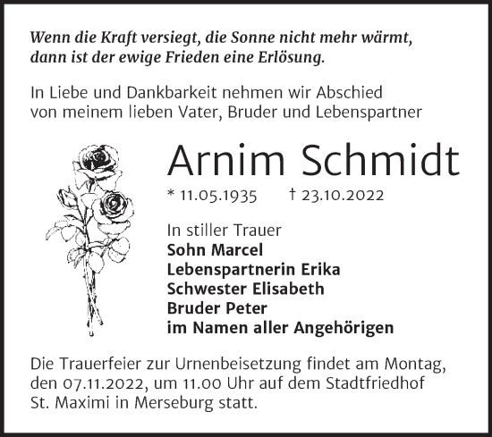 Traueranzeige von Arnim Schmidt von Trauerkombi Merseburg