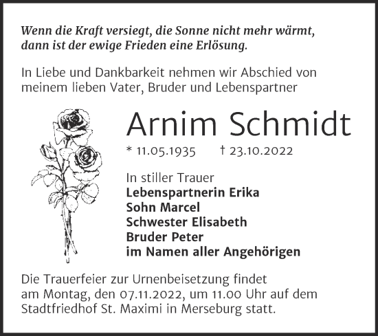 Traueranzeige von Arnim Schmidt von Trauerkombi Merseburg