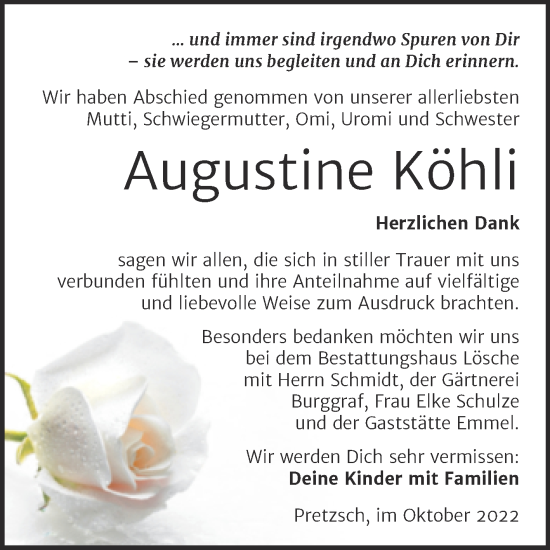 Traueranzeige von Augustine Köhli von Trauerkombi Wittenberg