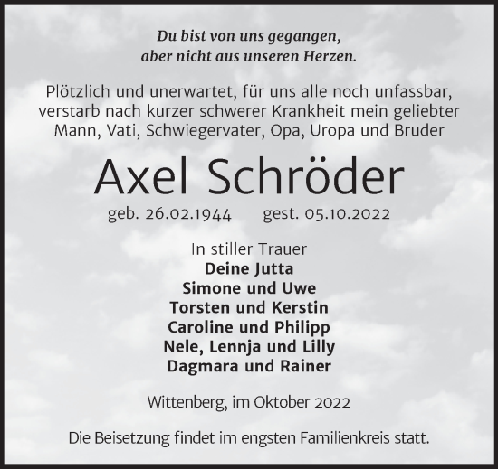 Traueranzeige von Axel Schröder von Trauerkombi Wittenberg