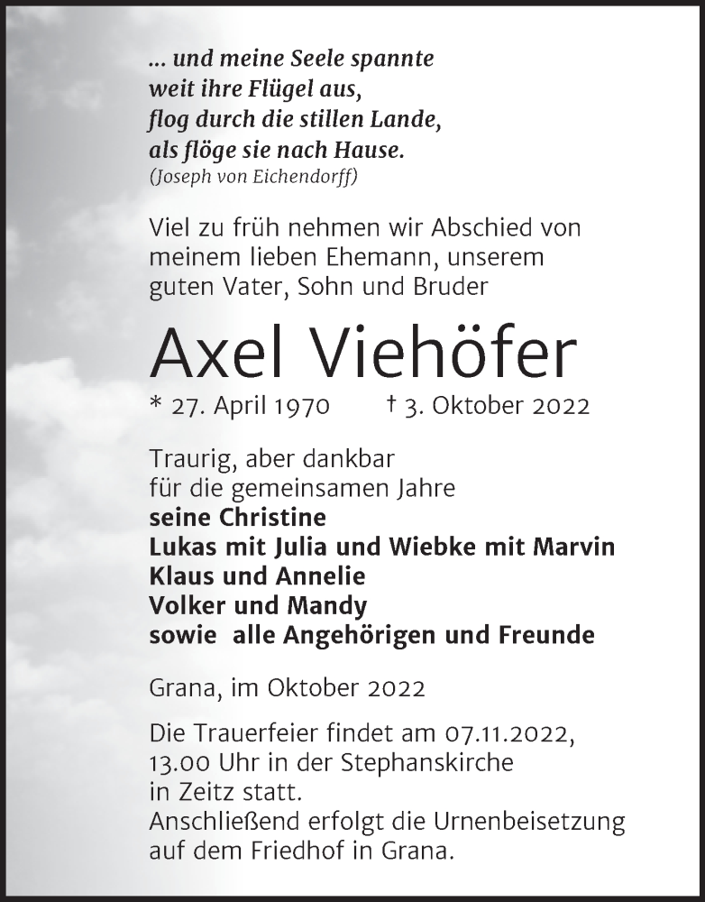  Traueranzeige für Axel Viehöfer vom 15.10.2022 aus Trauerkombi Zeitz