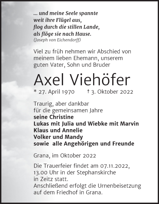 Traueranzeige von Axel Viehöfer von Trauerkombi Zeitz