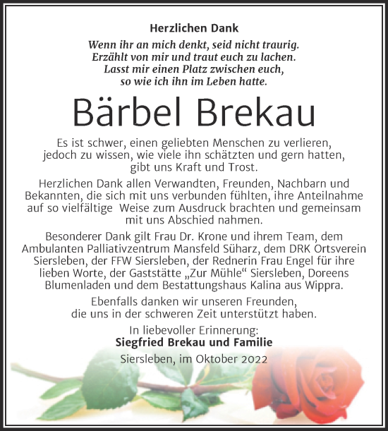 Traueranzeige von Bärbel Brekau von Trauerkombi Mansfelder Land