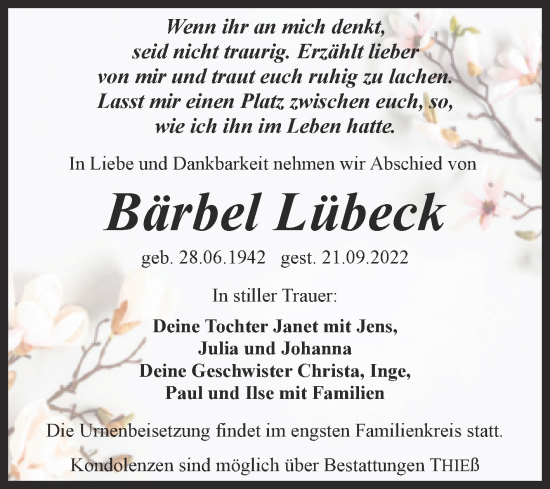 Traueranzeige von Bärbel Lübeck von Trauerkombi Quedlinburg