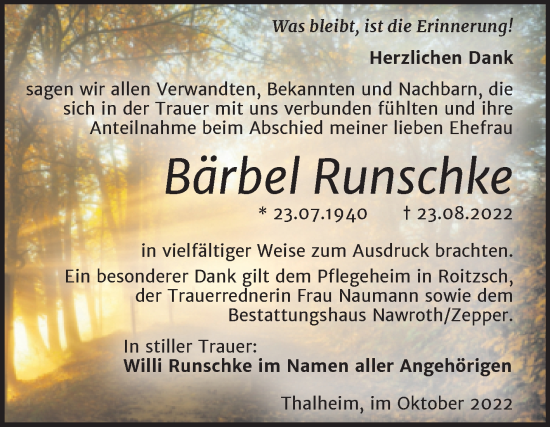 Traueranzeige von Bärbel Runschke von Trauerkombi Bitterfeld