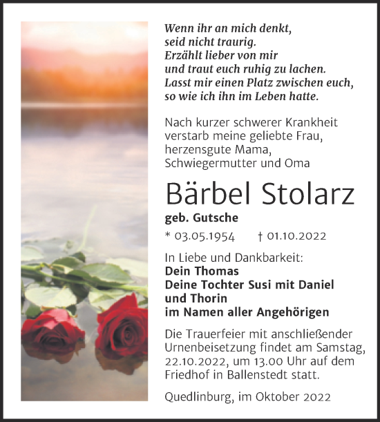 Traueranzeige von Bärbel Stolarz von Trauerkombi Quedlinburg