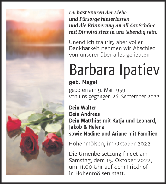 Traueranzeige von Barbara Ipatiev von Trauerkombi Weißenfels