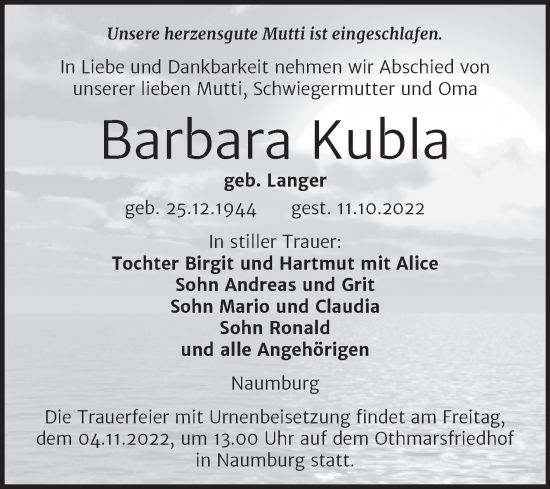 Traueranzeige von Barbara Kubla von Wochenspiegel Naumburg/Nebra