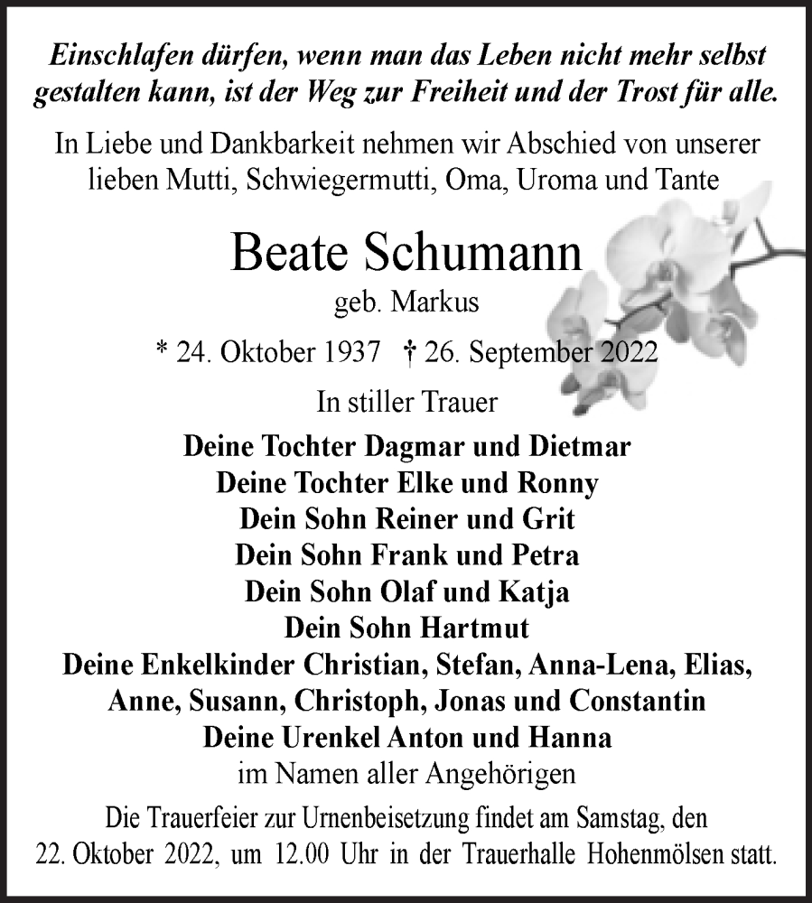  Traueranzeige für Beate Schumann vom 06.10.2022 aus Trauerkombi Weißenfels