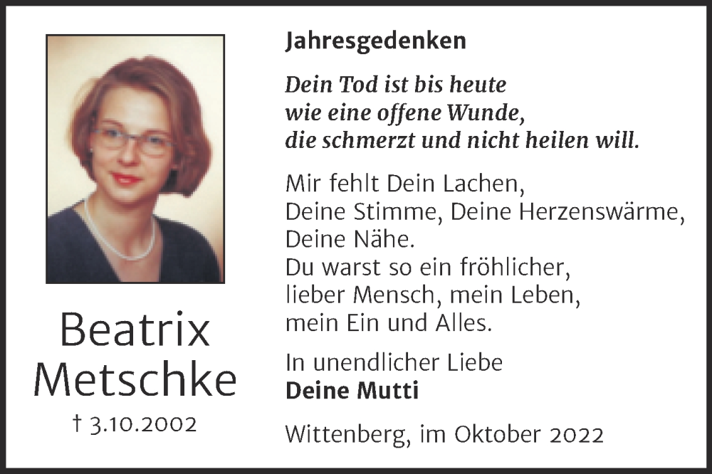  Traueranzeige für Beatrix Metschke vom 01.10.2022 aus Trauerkombi Wittenberg