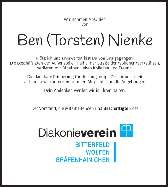 Traueranzeige von Bein Nienke von Mitteldeutsche Zeitung