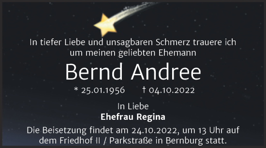 Traueranzeige von Bernd Andree von Trauerkombi Bernburg