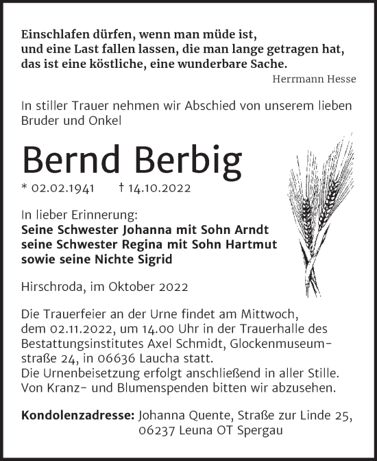 Traueranzeige von Bernd Berbig von Wochenspiegel Naumburg/Nebra