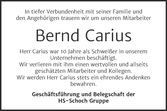 Traueranzeige von Bernd Carius von Super Sonntag Wittenberg