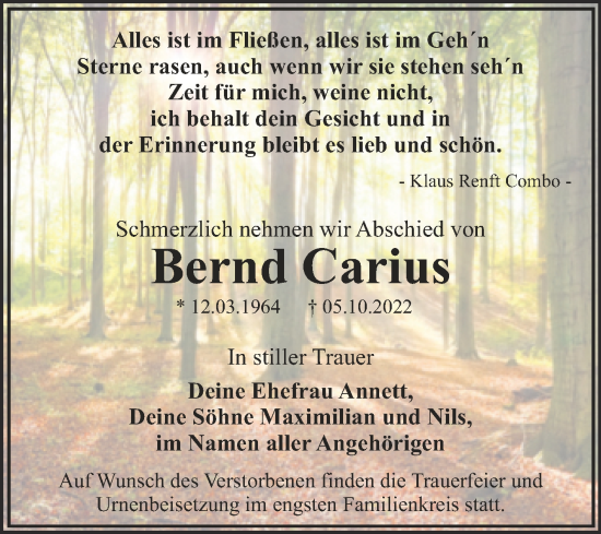 Traueranzeige von Bernd Carius von Trauerkombi Wittenberg