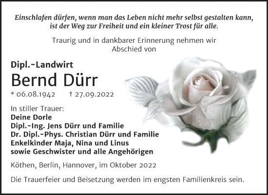 Traueranzeige von Bernd Dürr von Trauerkombi Köthen