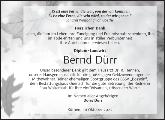Traueranzeige von Bernd Dürr von Trauerkombi Köthen
