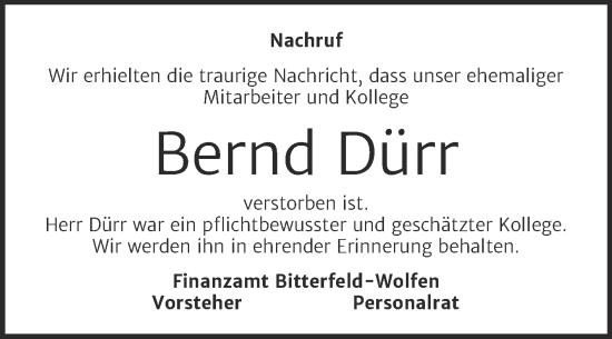 Traueranzeige von Bernd Dürr von Mitteldeutsche Zeitung Köthen