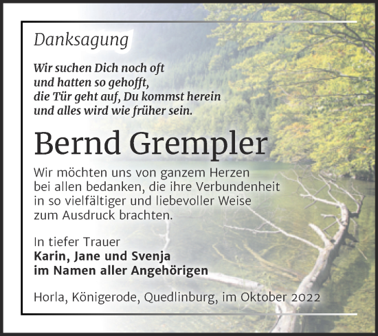 Traueranzeige von Bernd Grempler von Trauerkombi Sangerhausen
