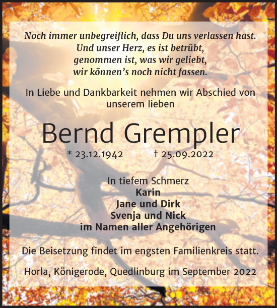 Traueranzeige von Bernd Grempler von Trauerkombi Sangerhausen