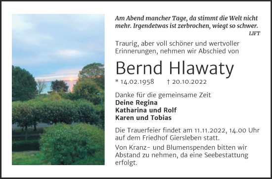Traueranzeige von Bernd Hlawaty von Trauerkombi Aschersleben